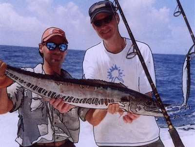 close-up of 2 men fishing